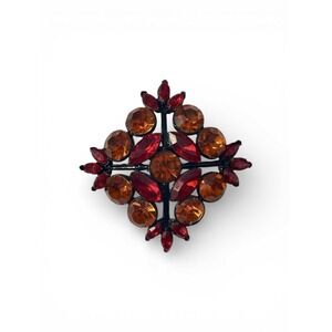 Vintage Signed Edlee Black Enamel Red‎ Orange Rhinestone Brooch Pin